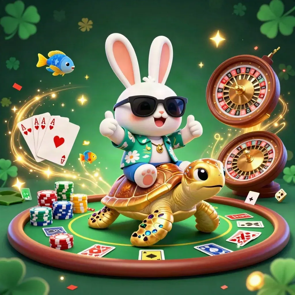 Lucky rabbit rides a golden sea turtle amid chips, cards, fireworks, and neon casino glow.