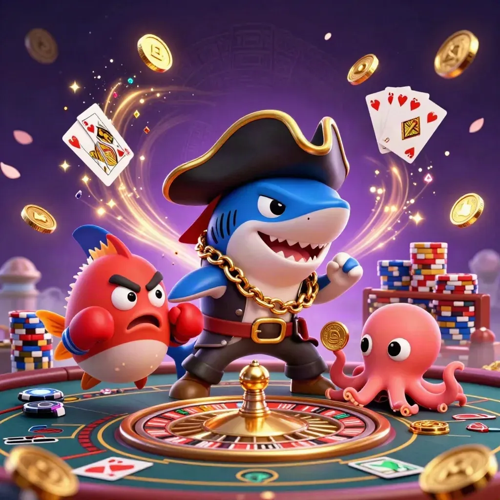 Shark pirate, boxing pufferfish, and coin-juggling octopus amid casino chips, cards, and neon gold sparks.