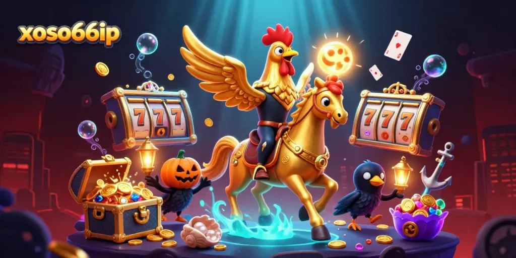 Engage with thrilling chances at xoso66ip in a vivid casino adventure featuring golden rooster and golden treasures.