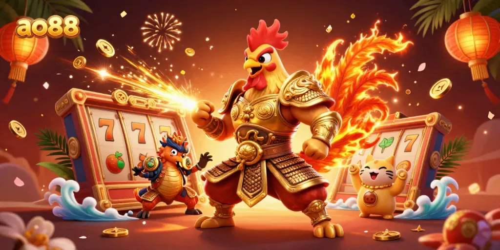 Engage with ao88's vibrant casino scene depicting a rooster warrior and dragon hatchling with dynamic game elements.