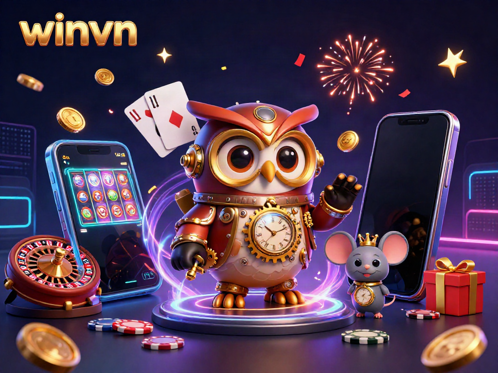 Experience the excitement of winvn with a 3D illustration of a time-traveler owl surrounded by a captivating casino scene.