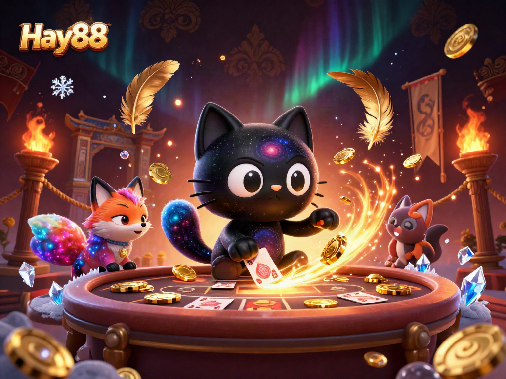 Hay88 cat captivatingly draws in golden chips at a cosmic casino table