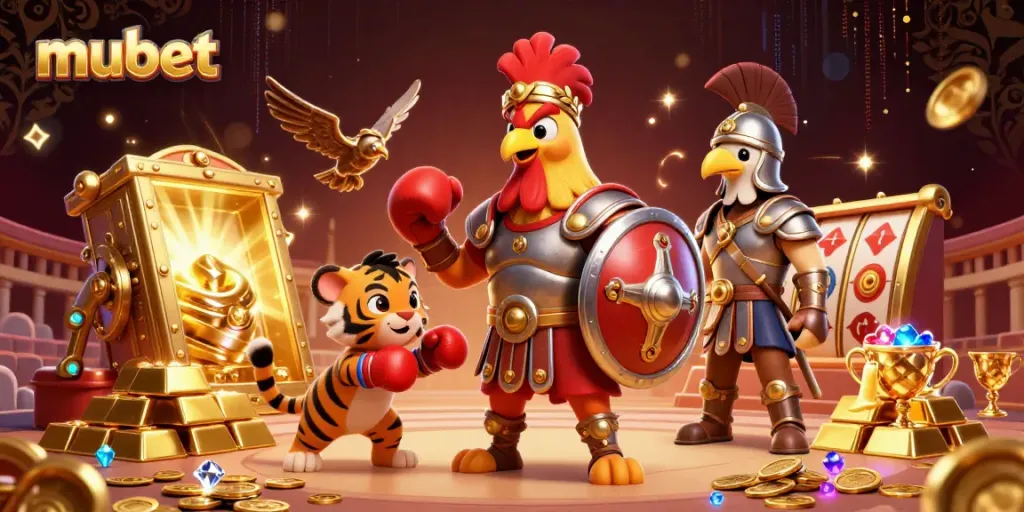 Experience thrilling slots action at mubet with an illustrated gladiator rooster and treasure-filled arena.