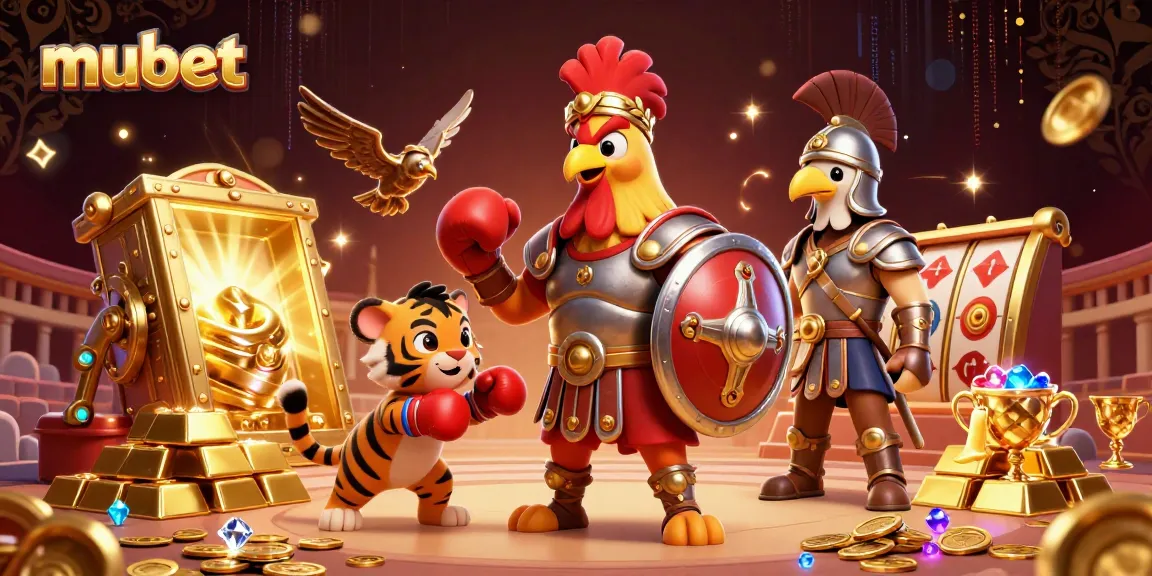 Experience thrilling slots action at mubet with an illustrated gladiator rooster and treasure-filled arena.
