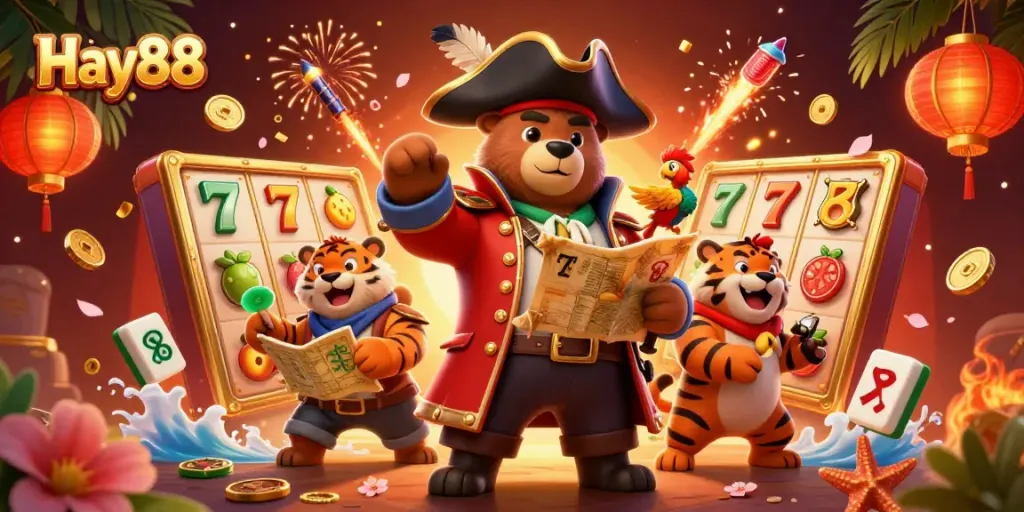Experience excitement at Hay88 with a pirate bear and tiger in a vibrant casino scene.