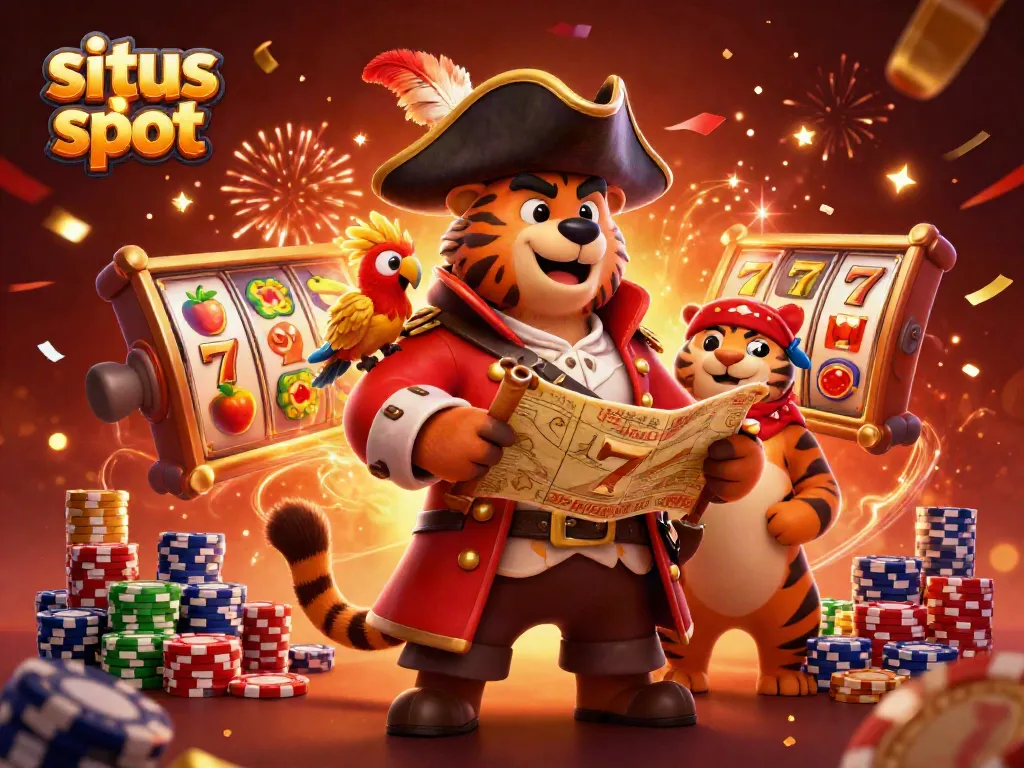 Engage with situs slot adventures featuring a vibrant pirate bear, tiger, and parrot surrounded by slot reels and poker elements.