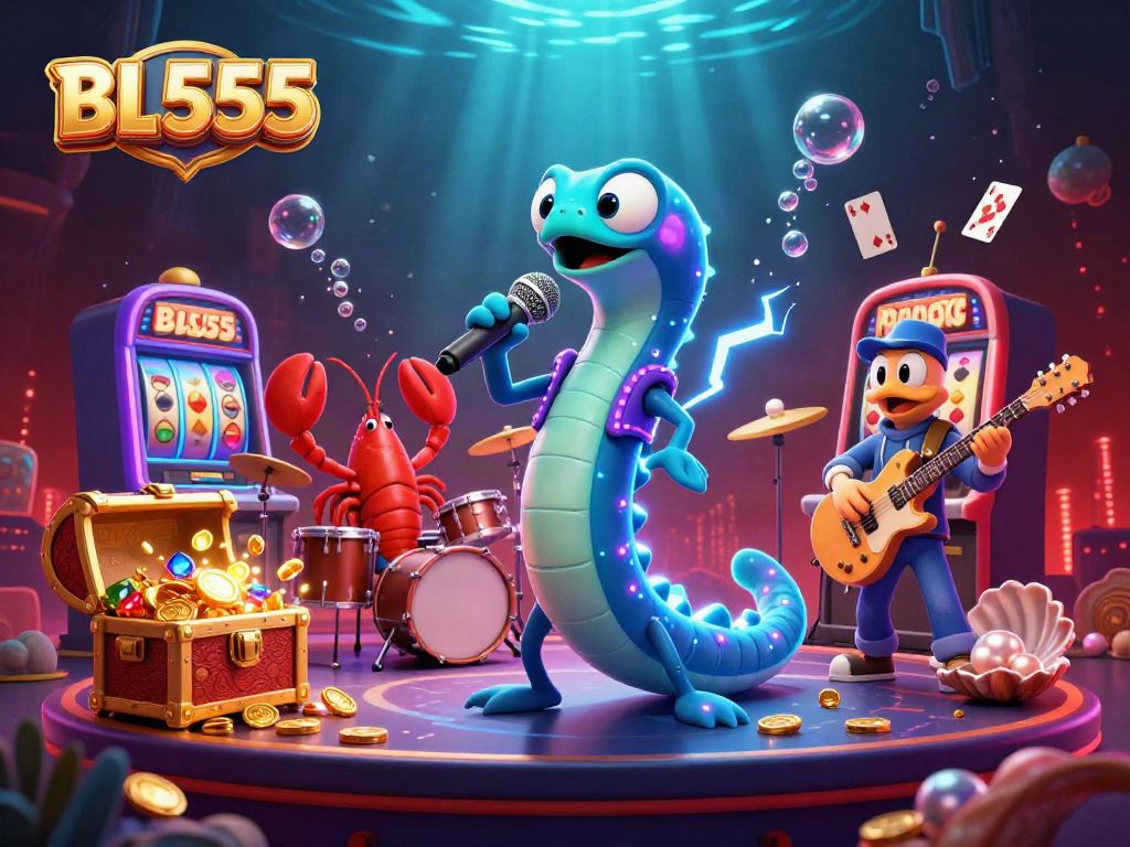 Experience the electrifying vibe of BL555's underwater casino with vibrant characters and dynamic gaming elements.