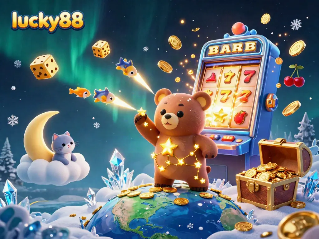 Winning at lucky88 with a constellation bear and casino elements in a vibrant 3D illustration.