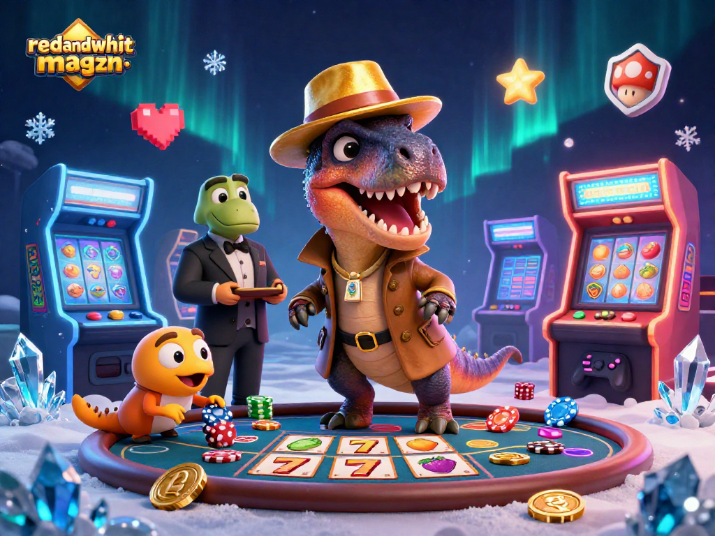 Experience thrilling casino action with redandwhitemagzn's 3D illustration featuring dinosaurs at a blackjack table.