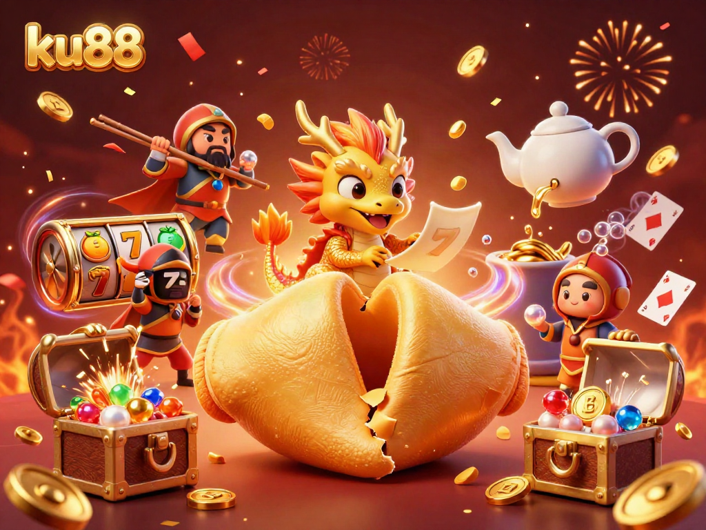 ku88 players enjoying a vibrant casino experience with a golden fortune cookie and dynamic gaming elements.