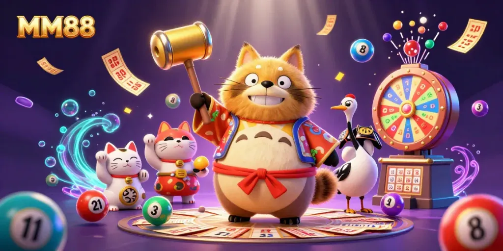 Engage with MM88's vibrant gambling scene featuring animated characters and exciting gaming elements.