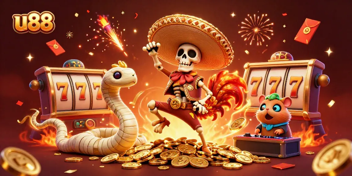 Celebrate big wins with u 88’s festive scene featuring a rooster dancing on coins, slot reels, and vibrant fireworks.