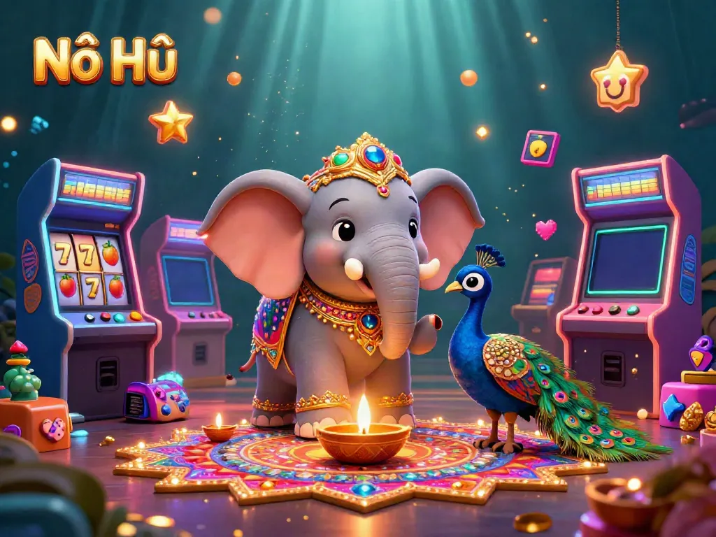 Nổ Hũ game illustration featuring a colorful 3D elephant and peacock amidst slot elements and sparkling particles.