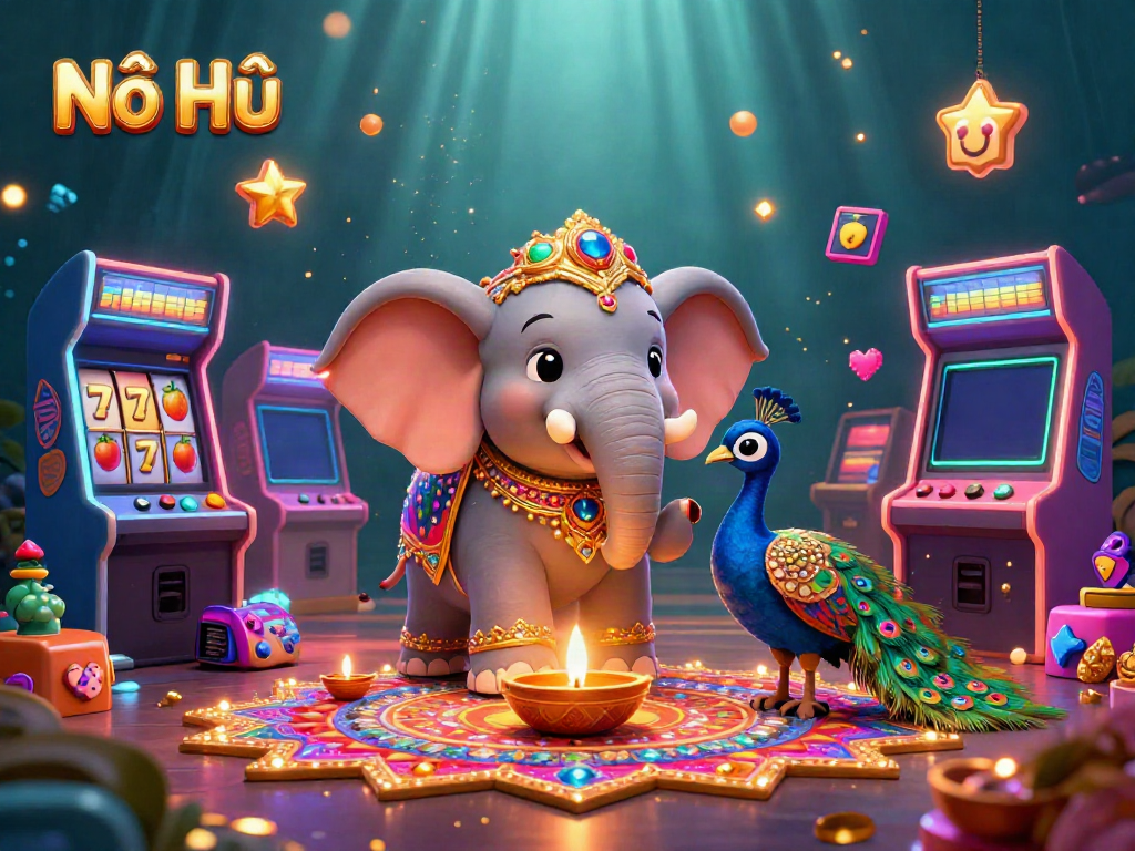 Nổ Hũ game illustration featuring a colorful 3D elephant and peacock amidst slot elements and sparkling particles.