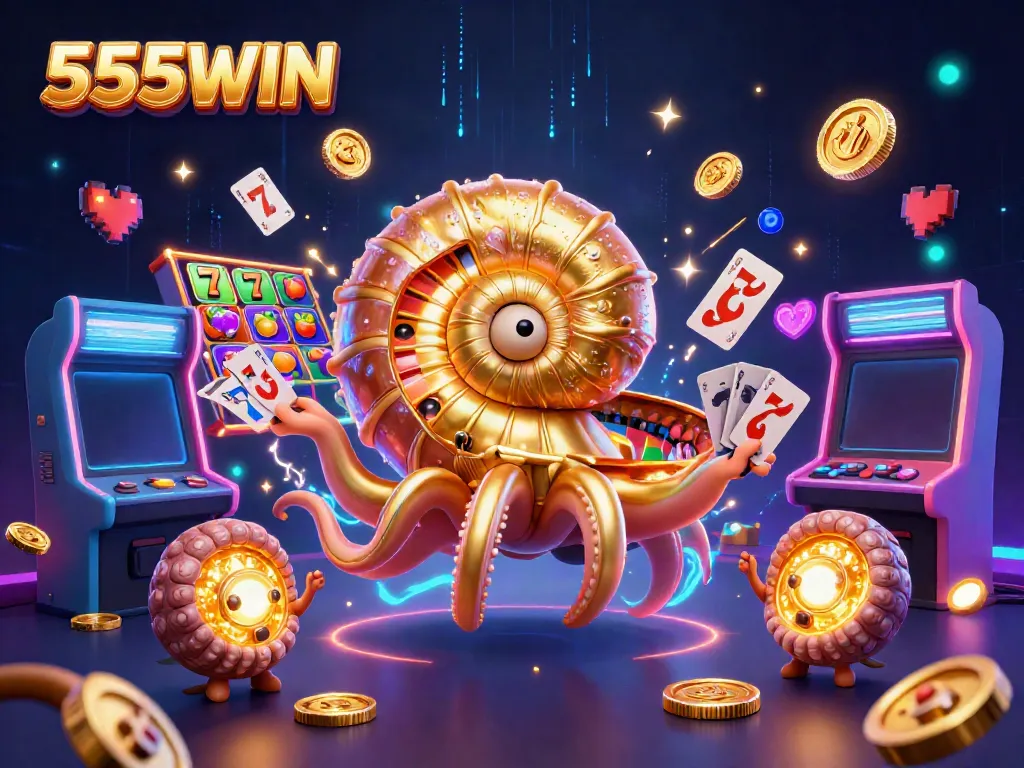 Experience exciting slots with the vibrant 555WIN nautilus surrounded by glowing game elements.