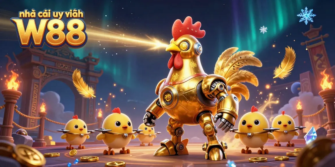 Engage with Nhà cái uy tín W88 in a vibrant 3D scene featuring a laser-engraving golden rooster robot and baby chick drones.