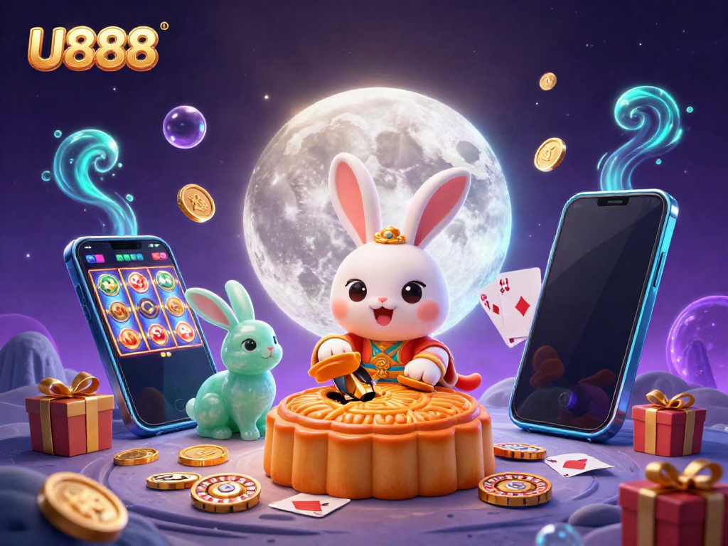 U888 moon rabbit ponders golden mooncakes on the lunar surface, revealing poker chips.