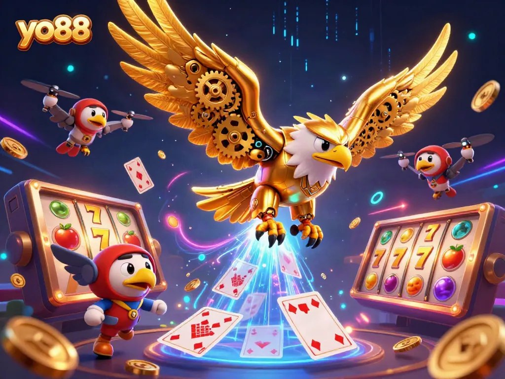 Win big with yo88's dynamic gaming experience, featuring an eagle diving through vibrant slot symbols.