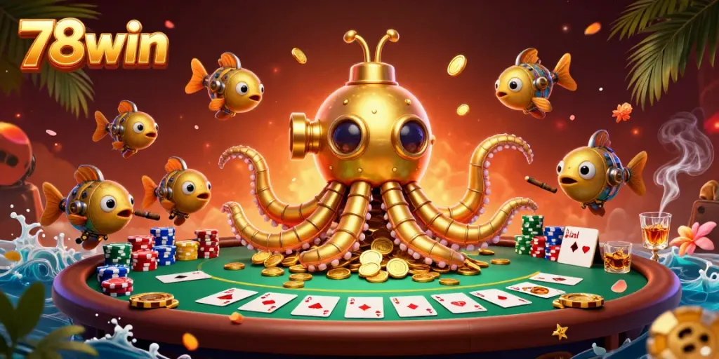 Engage with the exciting 78win casino scene featuring a golden kraken submarine amidst treasure and poker elements.
