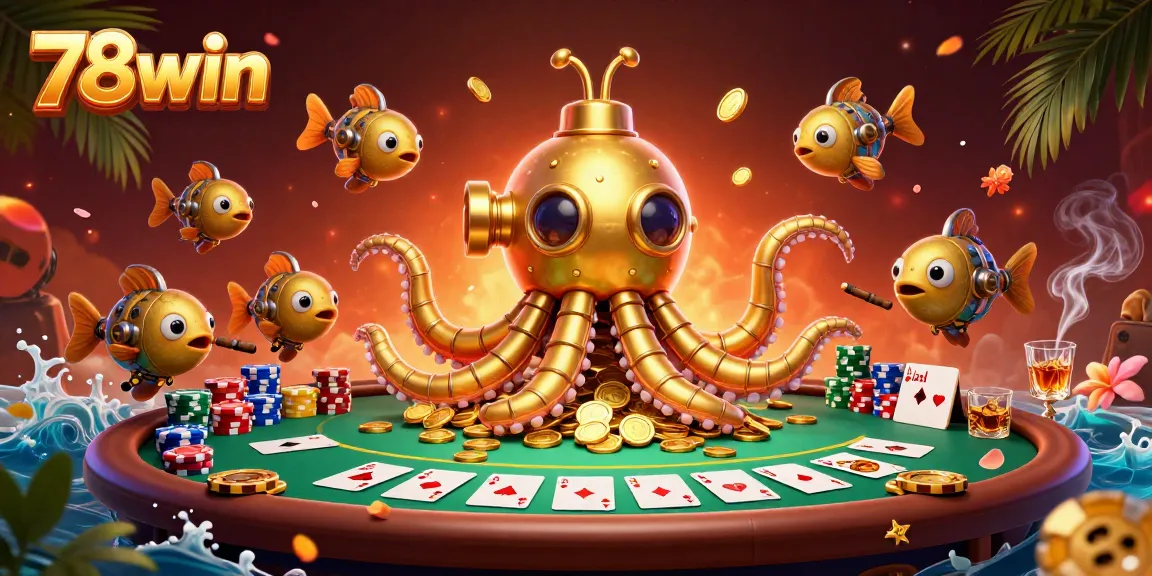 Engage with the exciting 78win casino scene featuring a golden kraken submarine amidst treasure and poker elements.