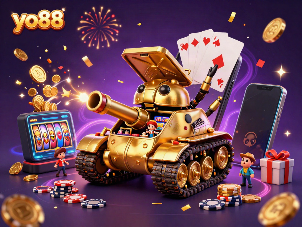 Engage with yo88's vibrant 3D casino world, bursting with confetti, coins, and casino elements.