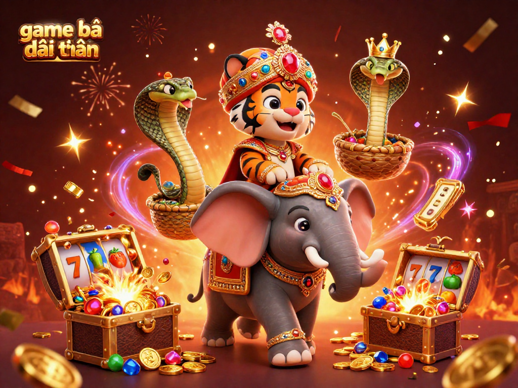 Engage with game bài đổi thưởng through a vibrant 3D illustration of a tiger, elephant, and cobra in a casino setting.