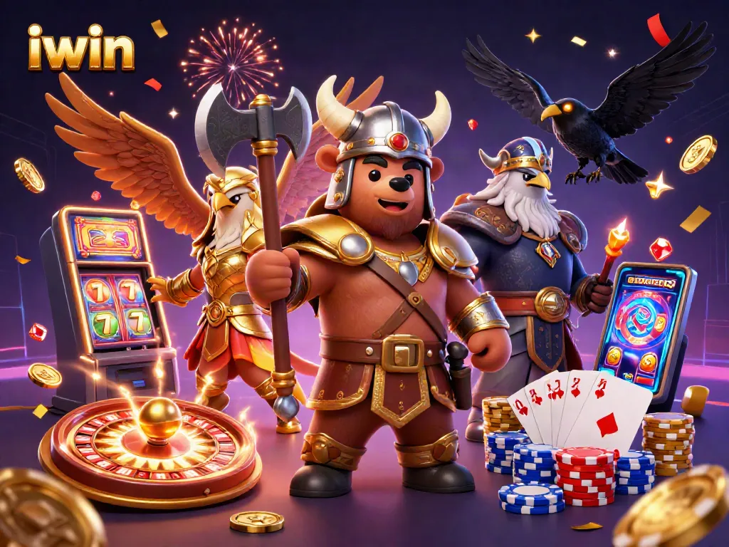 iwin Viking and Valkyrie celebrate with golden coins and slots, creating a vibrant casino scene.