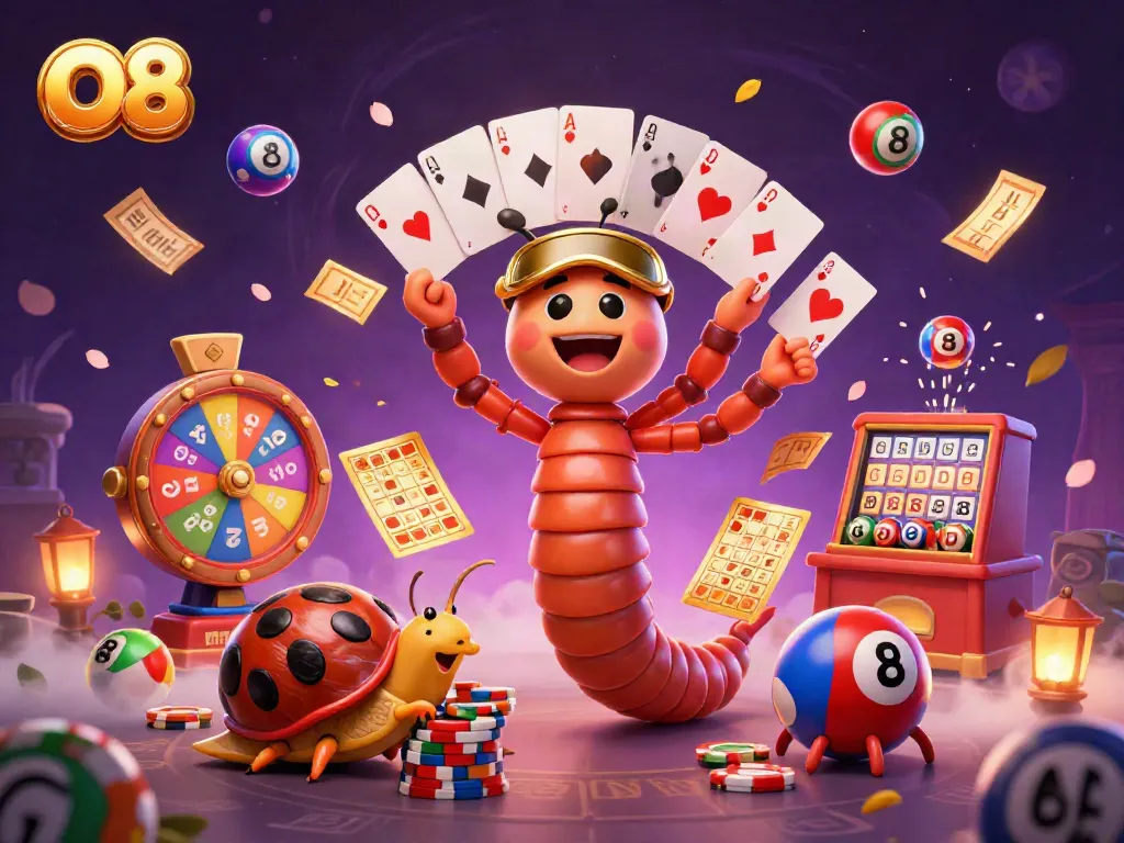 O8 showcases a vibrant casino scene with a 3D millipede dealer, colorful lottery balls, and dynamic prize elements depicting fun entertainment.