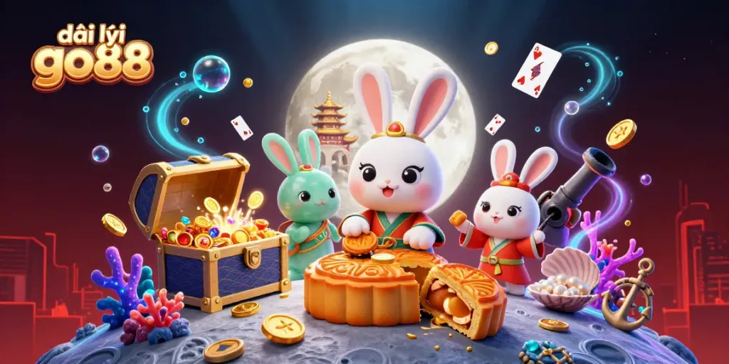 Engaging scene with đại lý go88, showcasing a winning celebration with golden mooncakes revealing poker chips amidst a vibrant casino atmosphere.