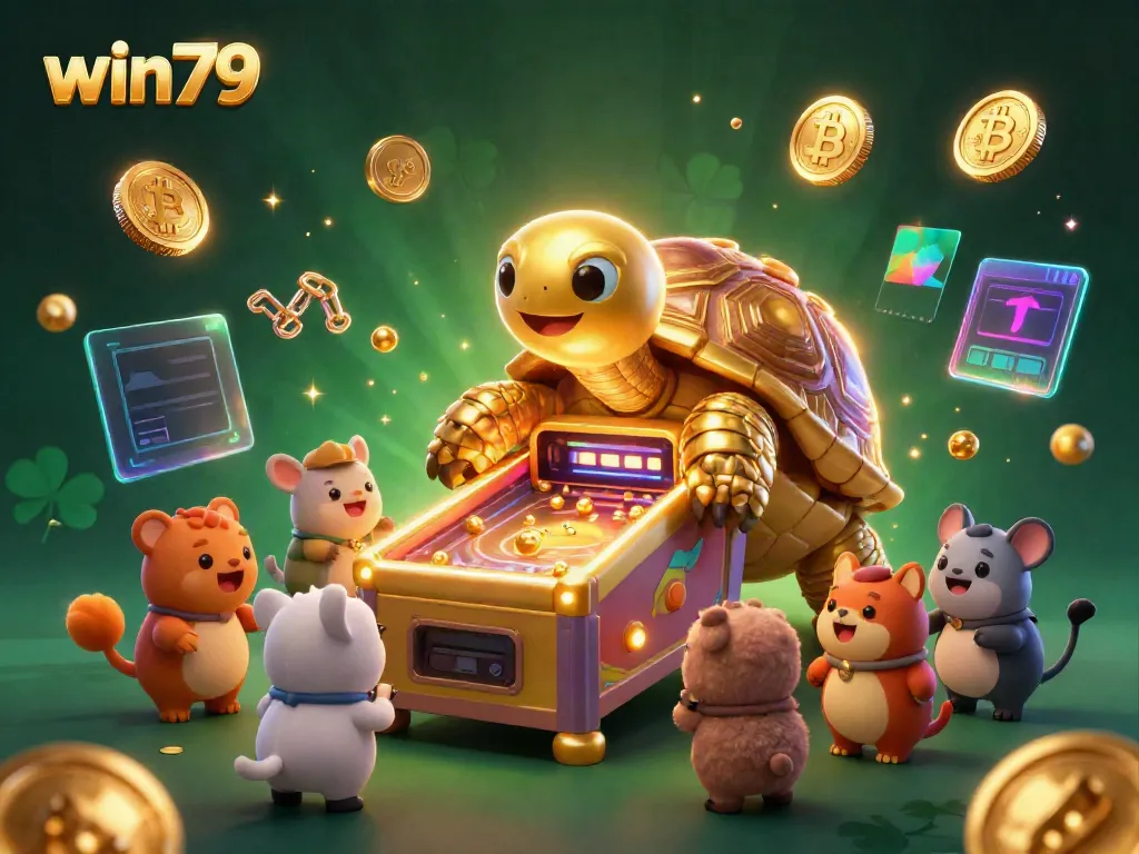 Experience thrilling wins with win79 in a dynamic 3D casino scene featuring a playful tortoise pinball machine.