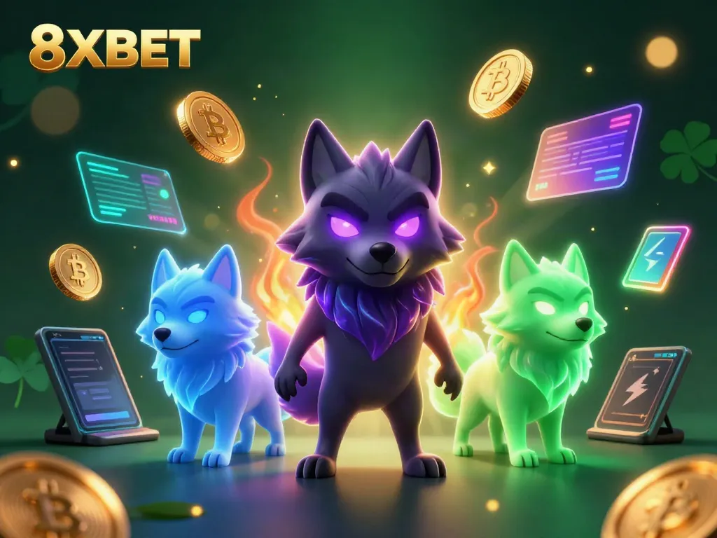 Play and win at 8XBET with an engaging scene filled with vibrant casino elements and whimsical characters.