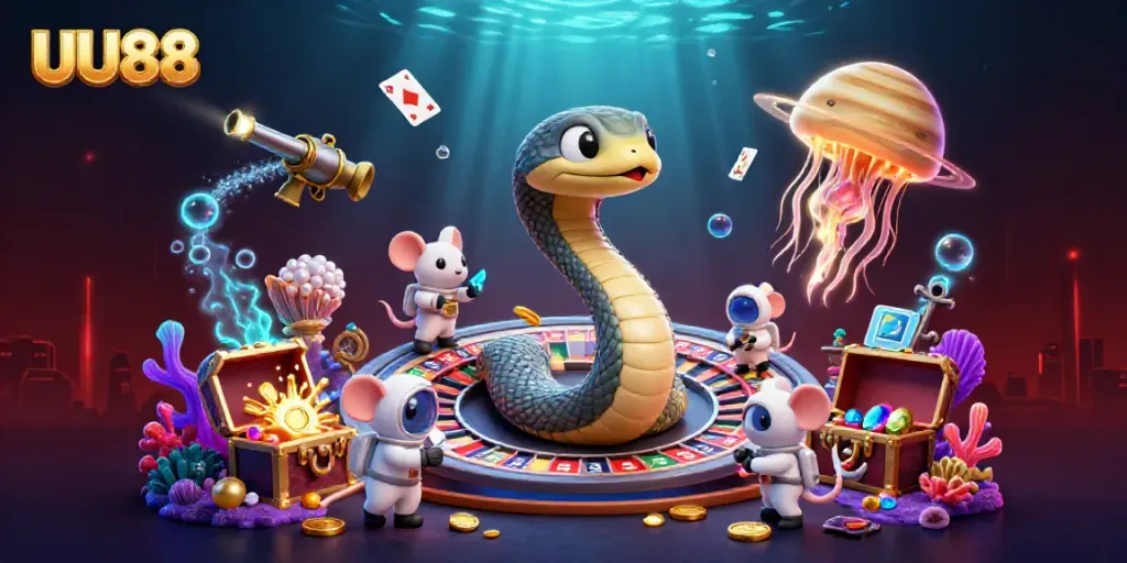 Bet on the cosmic roulette with UU88 featuring cartoon characters and vibrant casino elements.