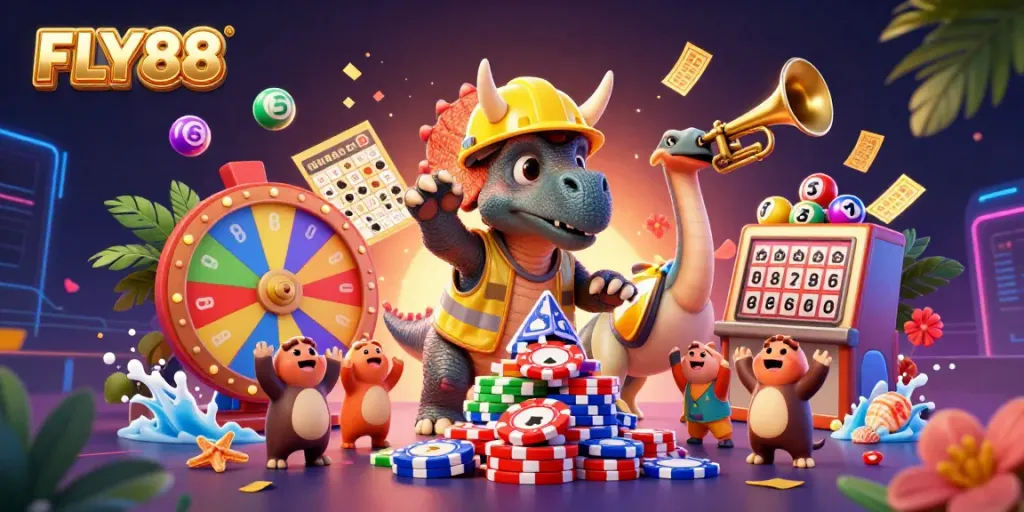 Engage with FLY88's vibrant 3D scene of a triceratops and friends celebrating around poker chips and lottery elements.