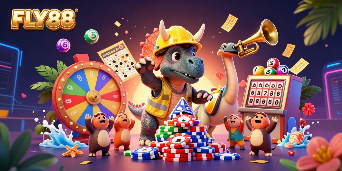 Engage with FLY88's vibrant 3D scene of a triceratops and friends celebrating around poker chips and lottery elements.