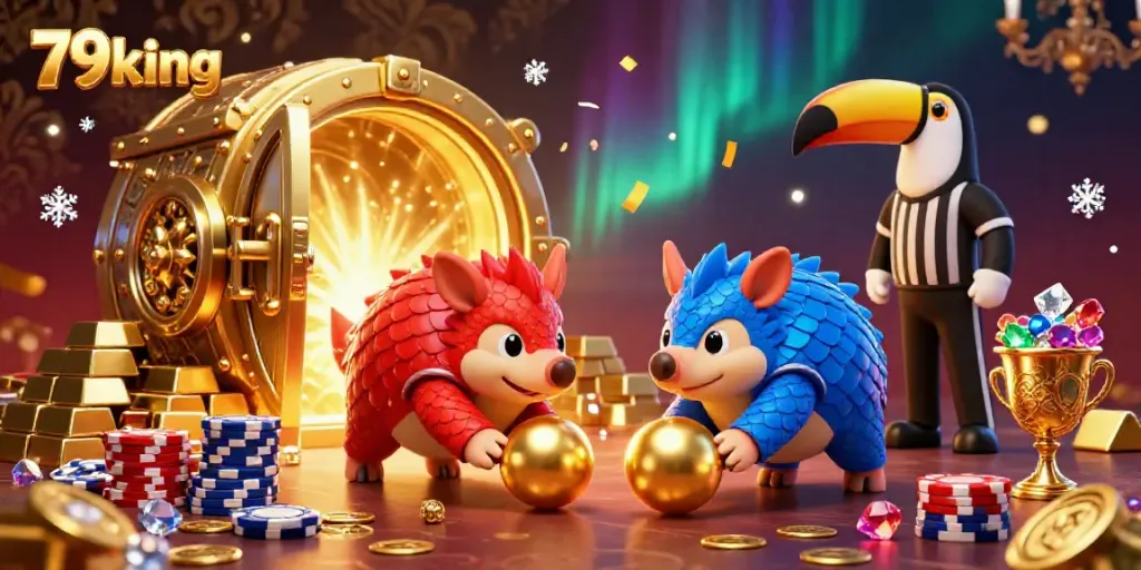 Experience exciting gameplay at 79king with rival pangolins knocking down poker chips in a vibrant casino.