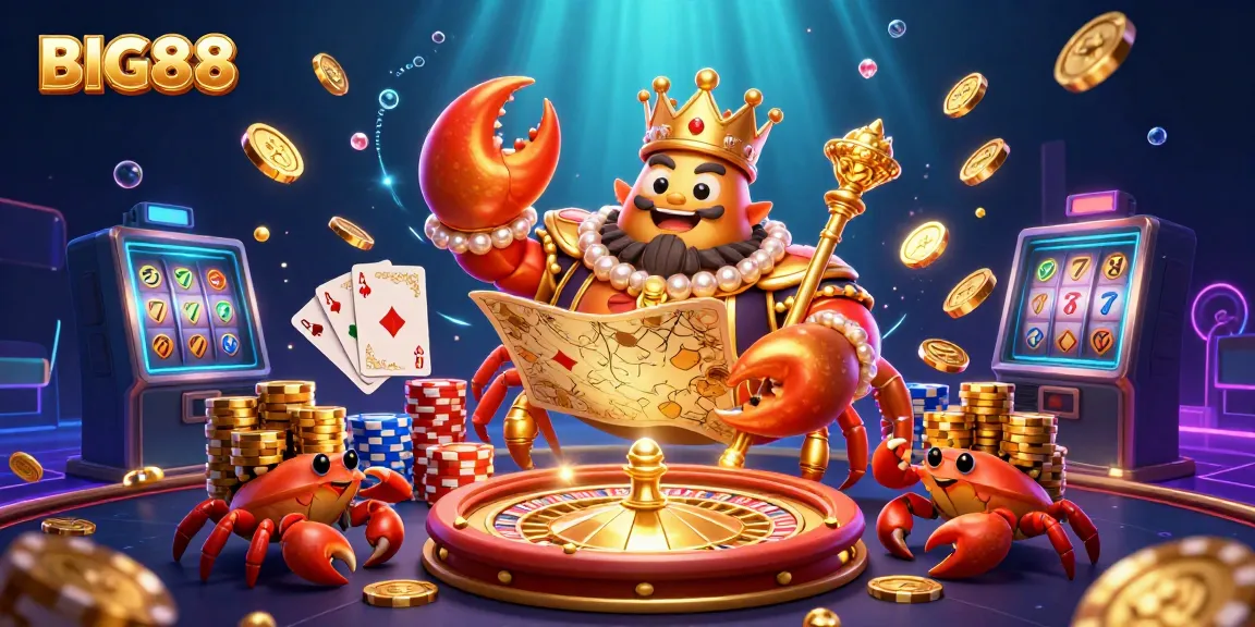 Experience the vibrant world of BIG88 with a golden crab emperor and dynamic casino elements.