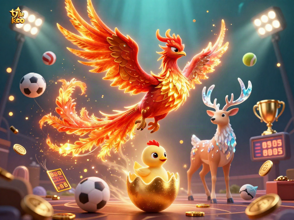 Engage with ty le keo betting strategies through this vibrant 3D illustration of sports elements and a phoenix duo.