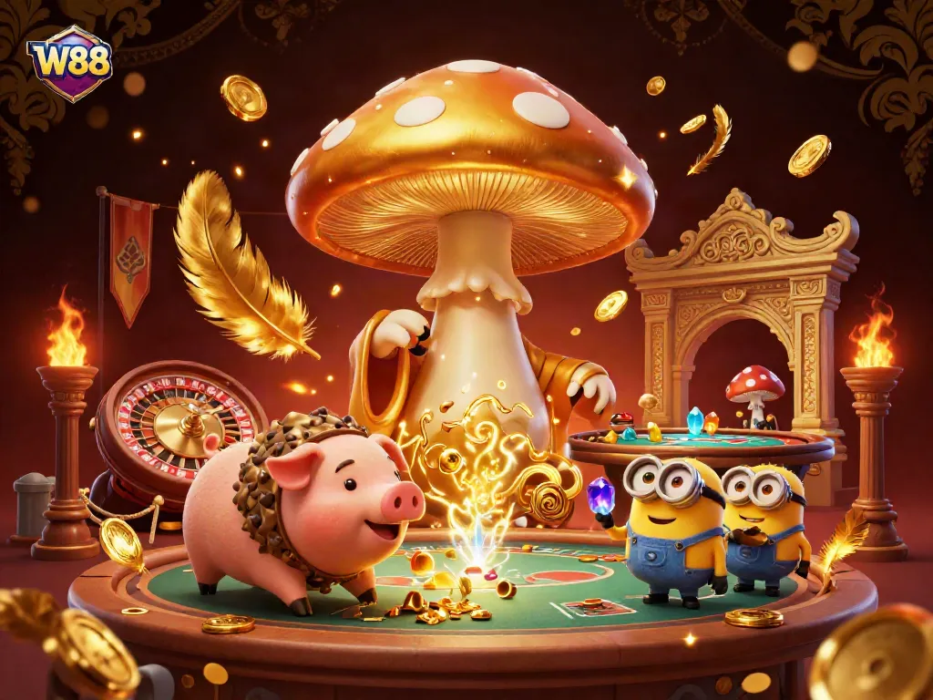 Experience the magic of W88 with a golden mushroom wizard amidst an energetic casino scene.