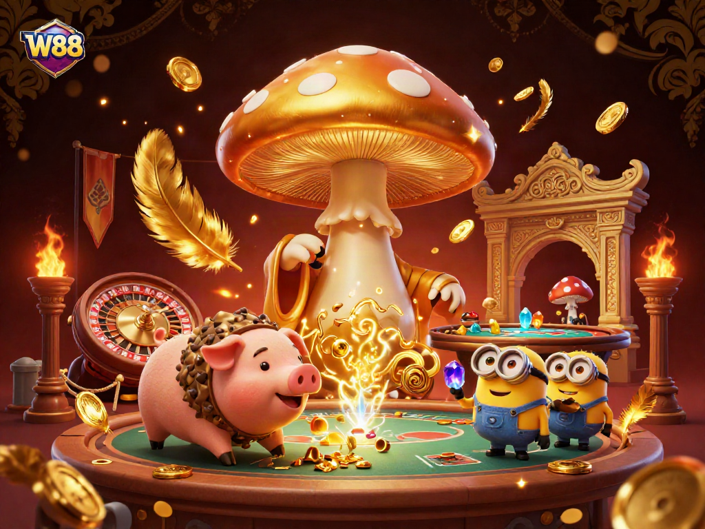 Experience the magic of W88 with a golden mushroom wizard amidst an energetic casino scene.