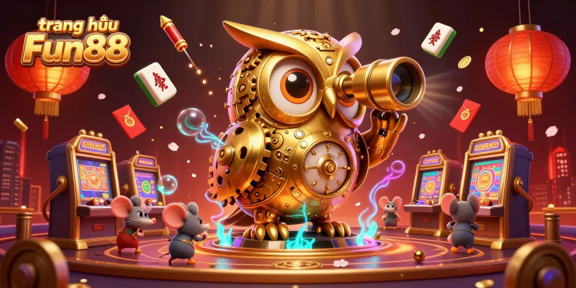 Experience thrilling action on the trang chủ Fun88 with vibrant illustrations of a golden owl overseeing the dynamic casino scene.