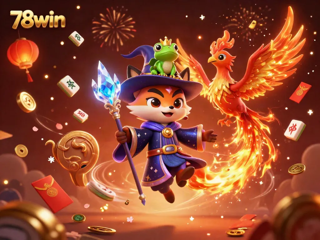 Experience thrilling gameplay with 78win's magical fox wizard and phoenix, surrounded by casino elements.