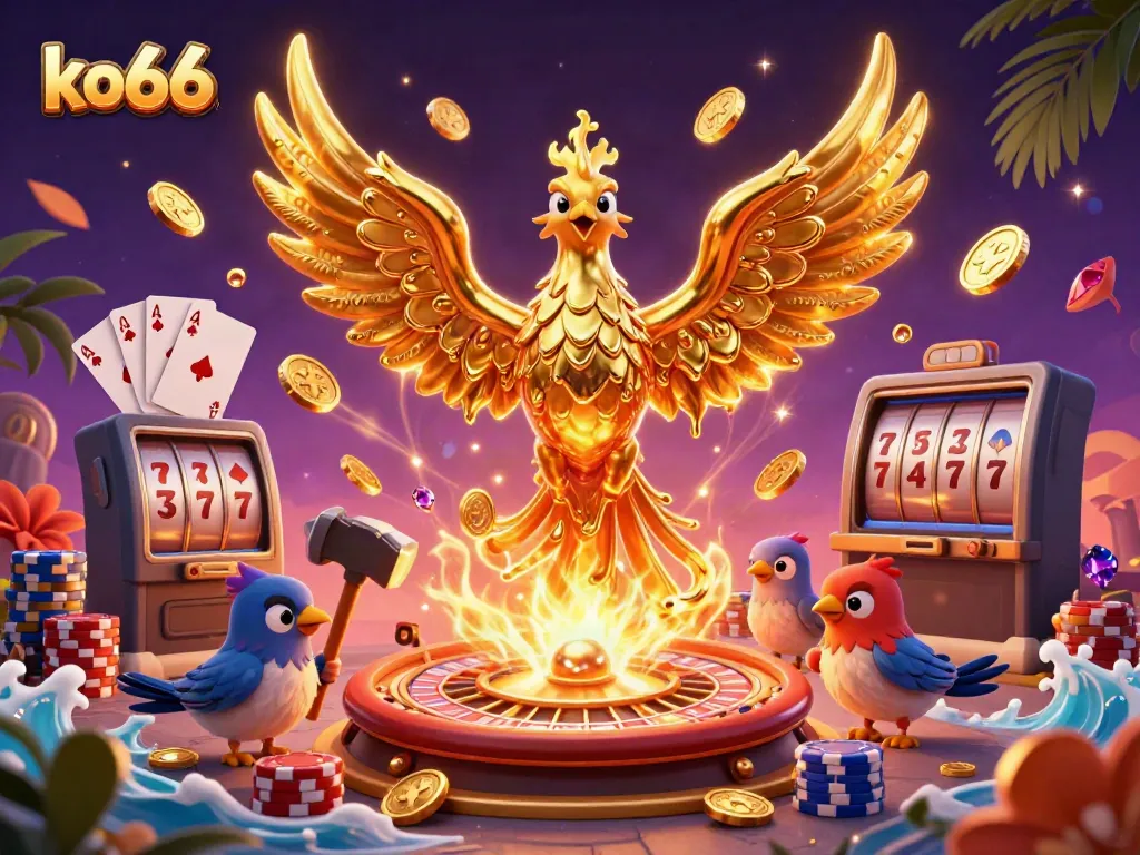 Experience the thrill of ko66 with a vibrant scene showcasing an epic golden phoenix and casino elements.