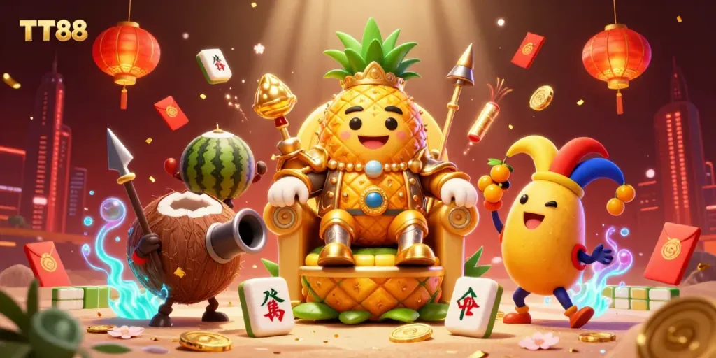 Engage in thrilling casino victories with TT88's vibrant casino experience featuring a pineapple king and festive elements.