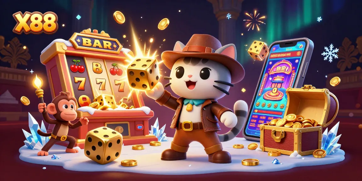 Experience X88's rich casino adventure with a cartoon cat explorer finding treasures and jackpots.