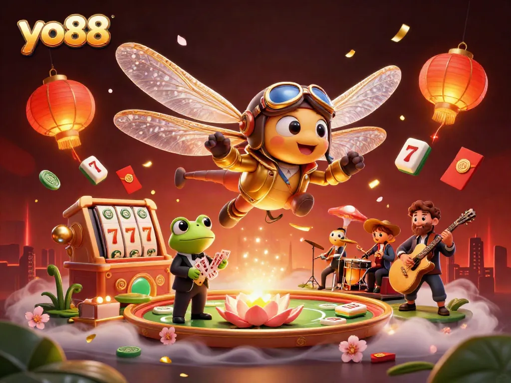 Engage with the exciting world of yo88 casino, featuring vibrant slot reels and an animated dragonfly pilot.