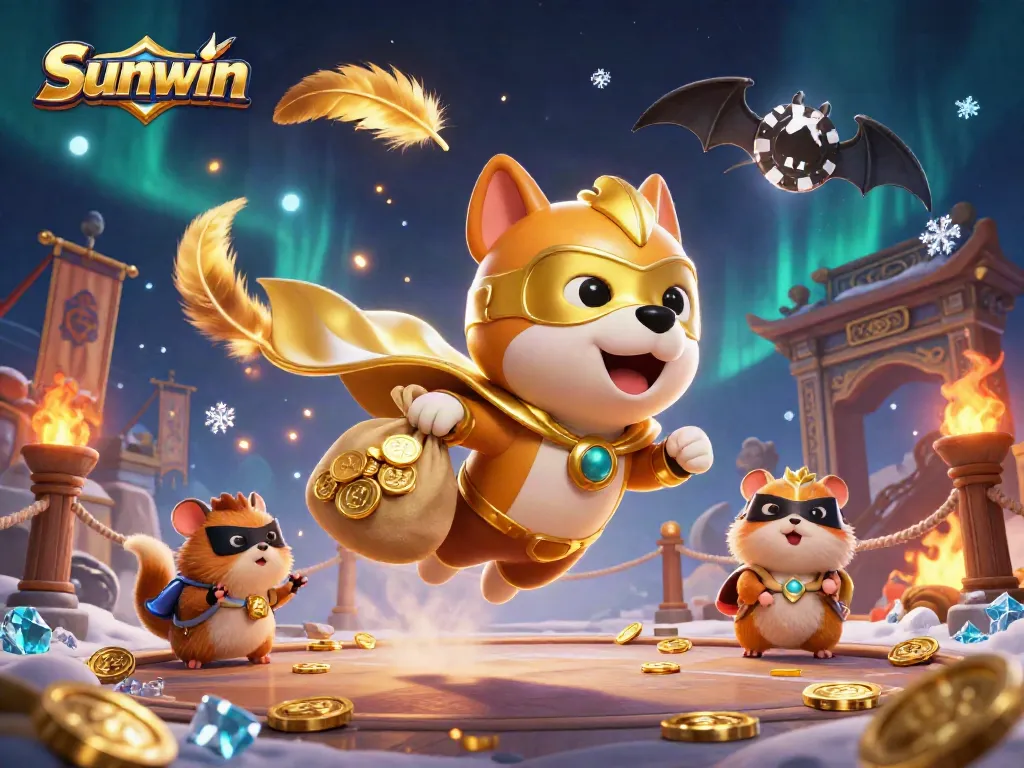 Win big at Sunwin with a thrilling 3D illustration of a superhero dog with gold coins and a poker chip!