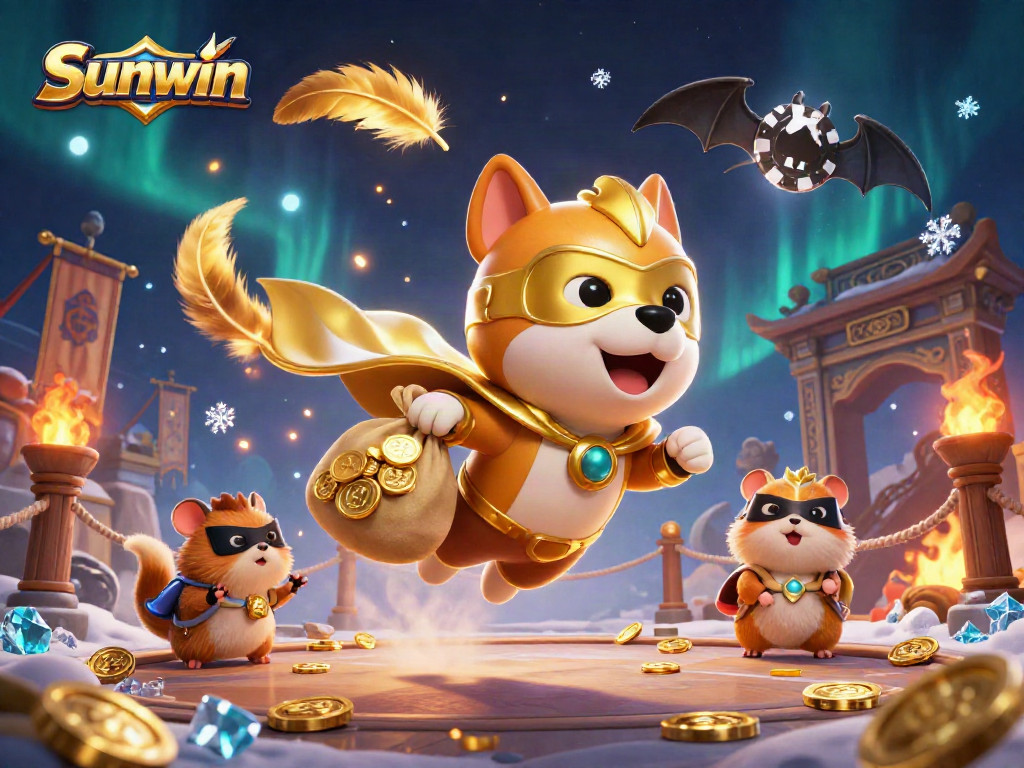 Win big at Sunwin with a thrilling 3D illustration of a superhero dog with gold coins and a poker chip!