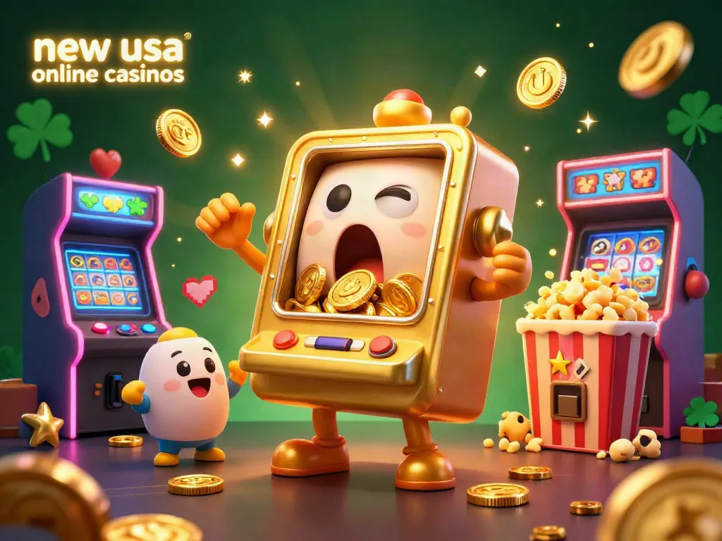 Engaging scene with the new usa online casinos, featuring a surprised slot machine celebrating a jackpot, surrounded by cheering baby slot machines and a popcorn machine.