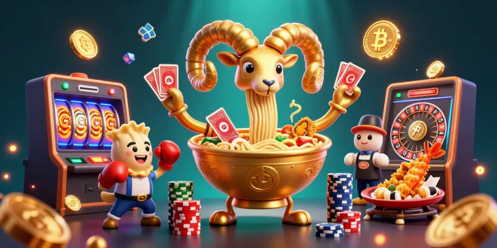 Engage in exciting games with TG88's giant ramen bowl dealer surrounded by slot reels and crypto coins.