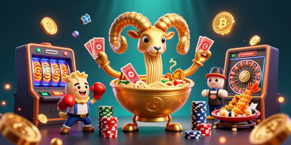 Engage in exciting games with TG88's giant ramen bowl dealer surrounded by slot reels and crypto coins.